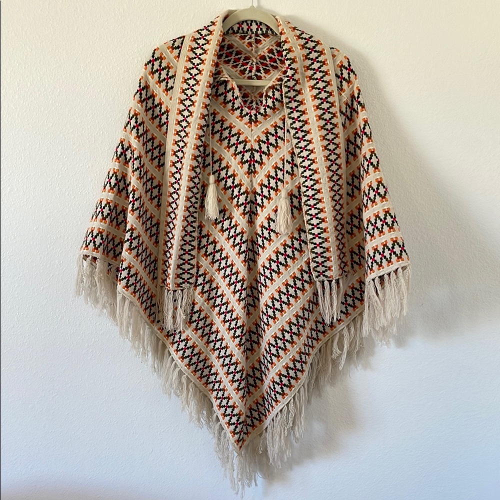 Vintage Multicolor Patterned Poncho Hoodie